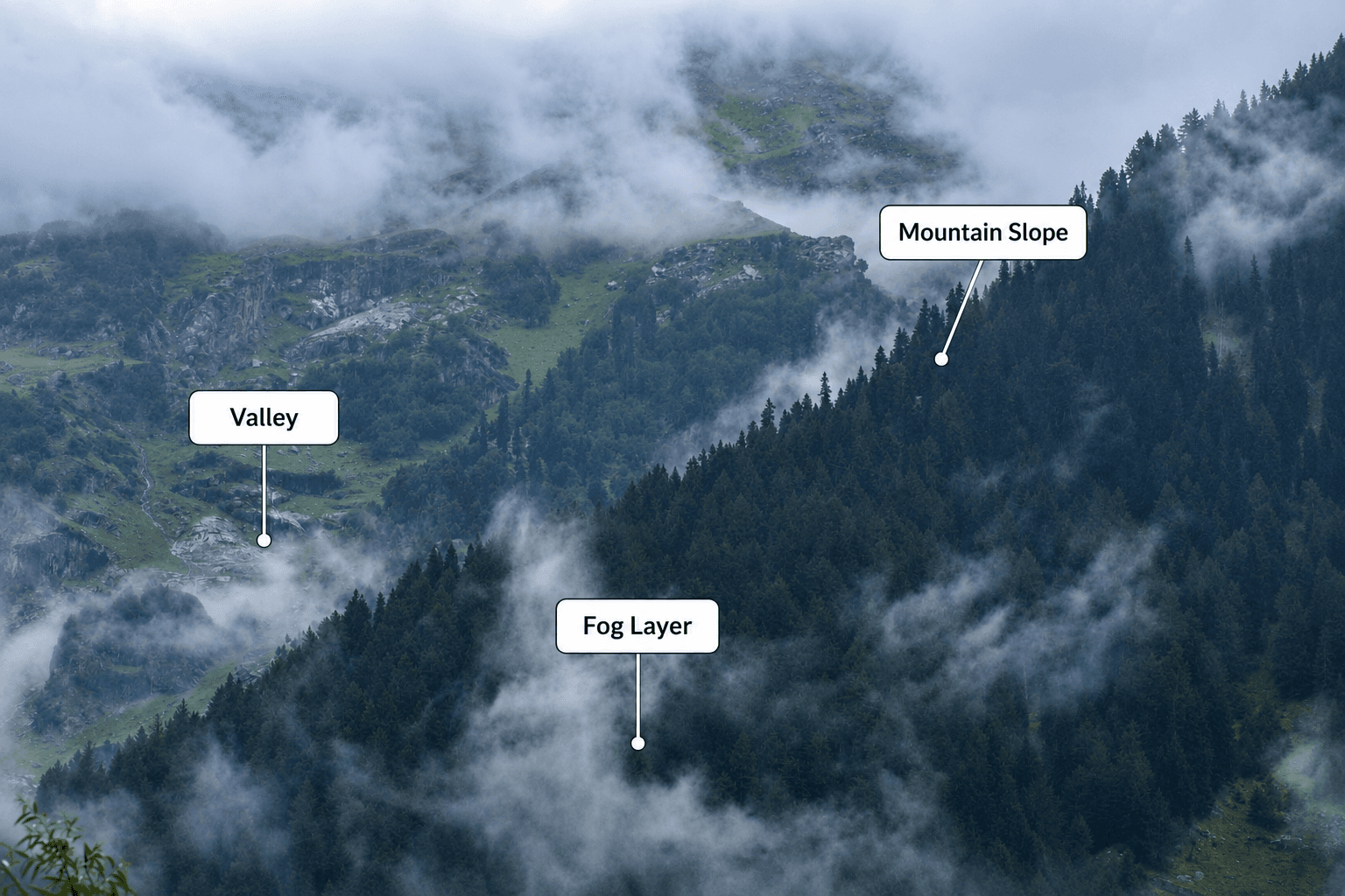 Labeled valley fog diagram showing fog layer pooled on a mountain valley floor between pine-covered slopes for UPSC geography