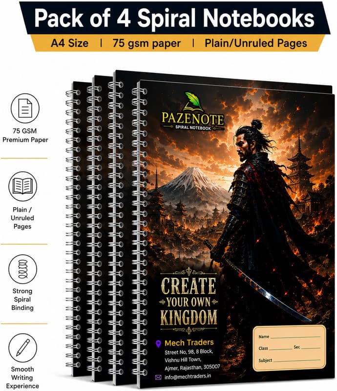 pazenote Spiral Notebook A4 Notebook UNRULED/PLAIN 200 Pages (Multicolor, Pack of 4)