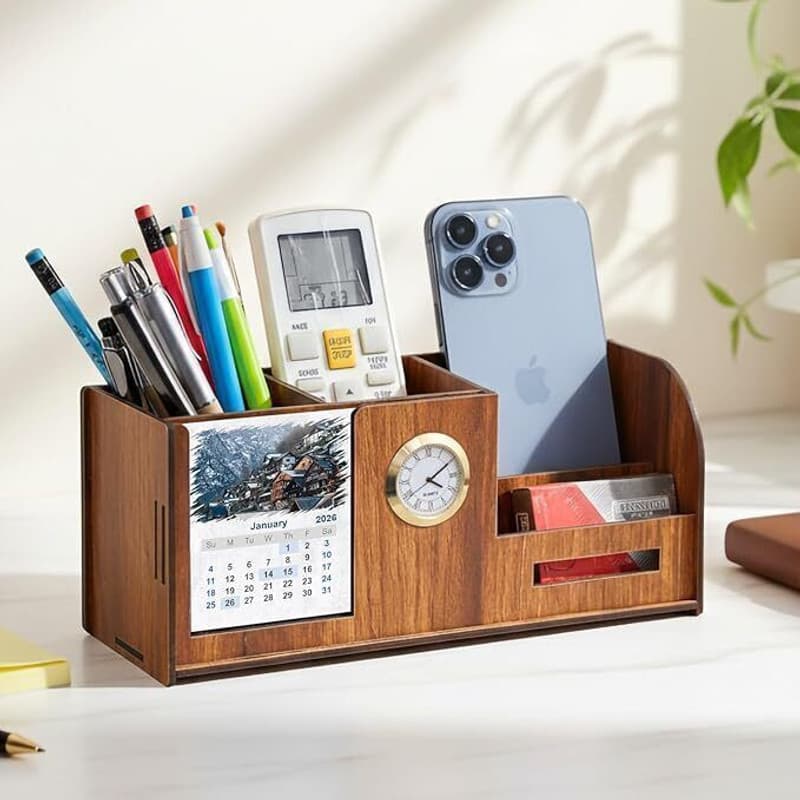 RiotLane 4 Compartments MDF Pen Stand (Brown)