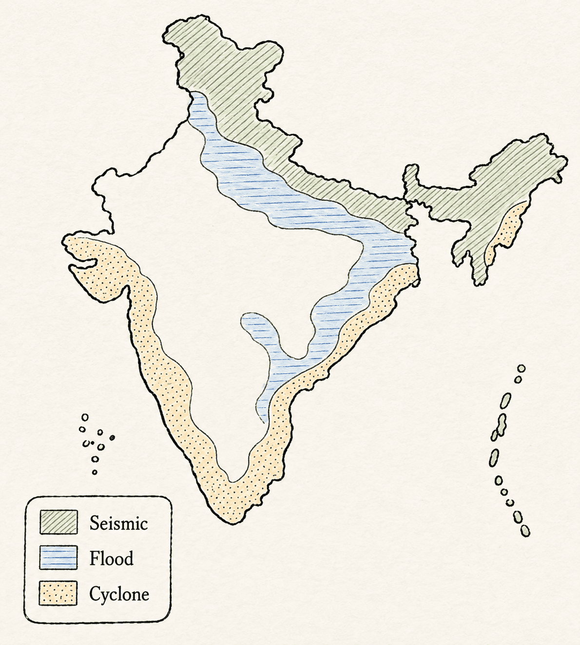 Hand-drawn India map with hazard zones — seismic belts, flood plains, and cyclone-prone coasts