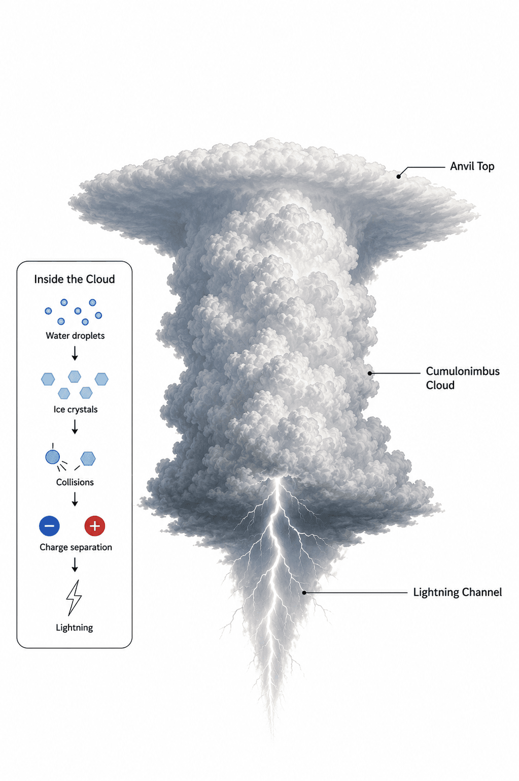 Thunderstorm convection diagram showing the sun heating the ground, warm moist air rising, and storm cloud processes building through the afternoon