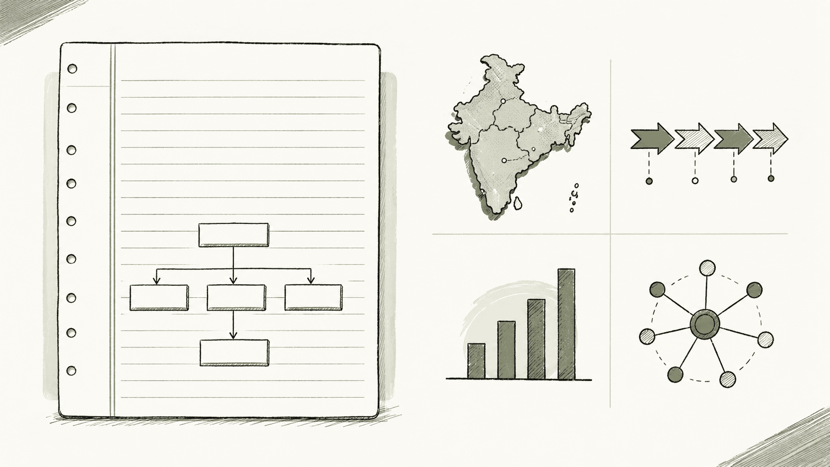 UPSC Mains answer-writing guide — answer sheet with flowchart, India map, timeline, and stakeholder diagram icons