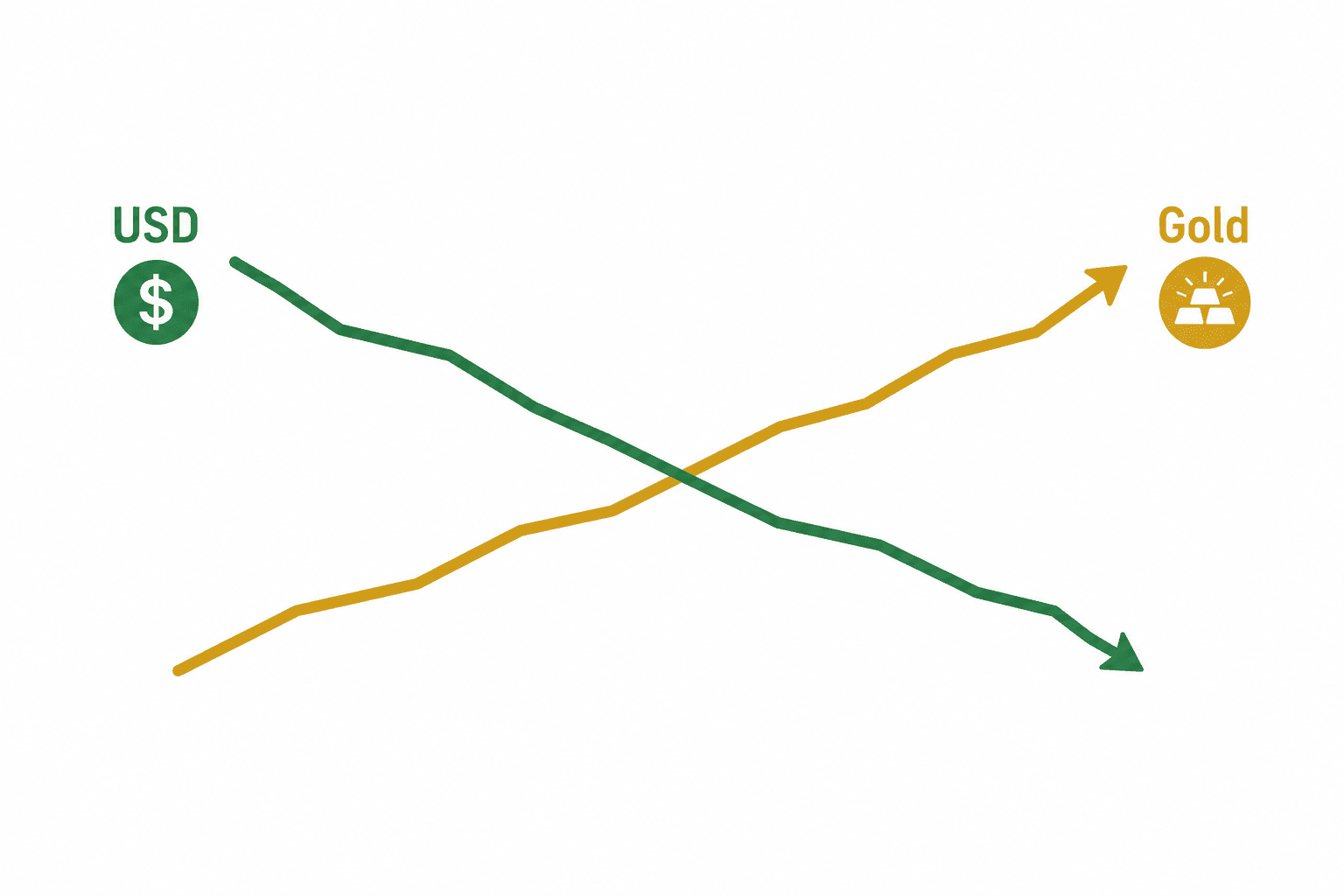 Minimal diagram showing gold and the US dollar moving in opposite directions