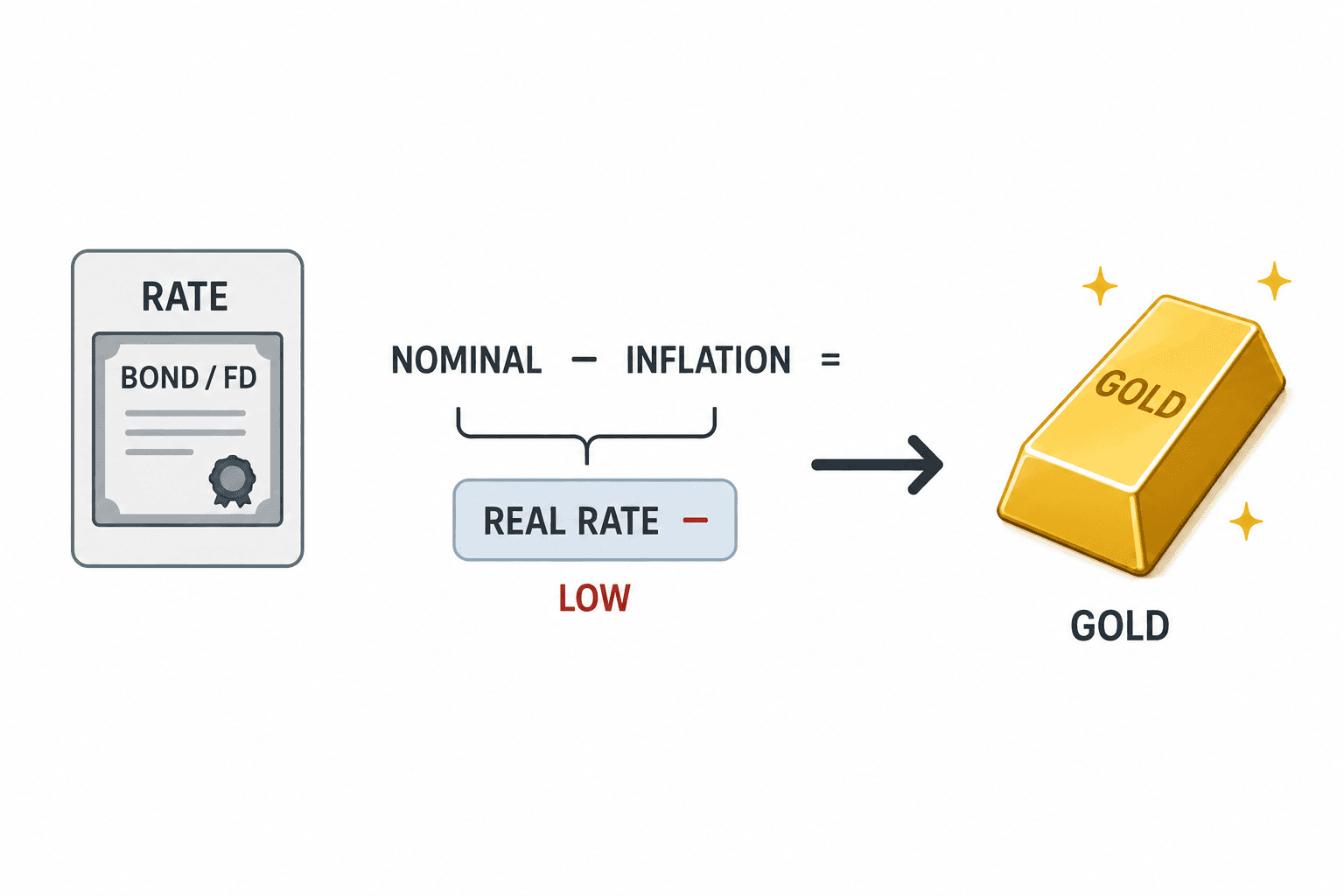 Minimal diagram comparing real interest rates and demand for gold versus bonds
