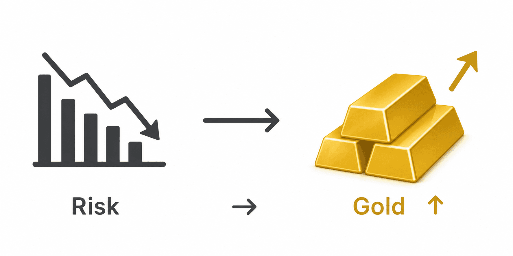 Minimal diagram showing money flowing from risk assets toward gold