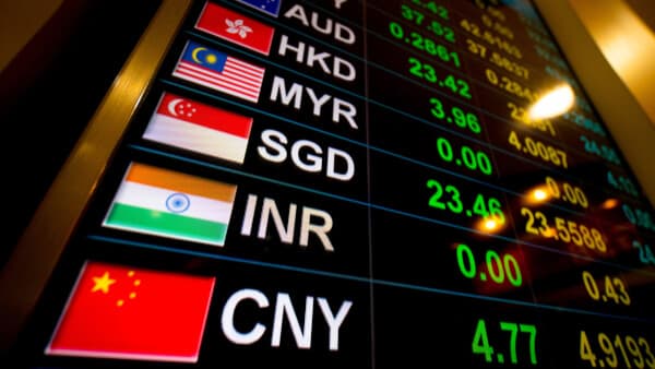 Currency exchange rate board showing USD to INR conversion illustrating rupee weakening against the dollar for UPSC economy