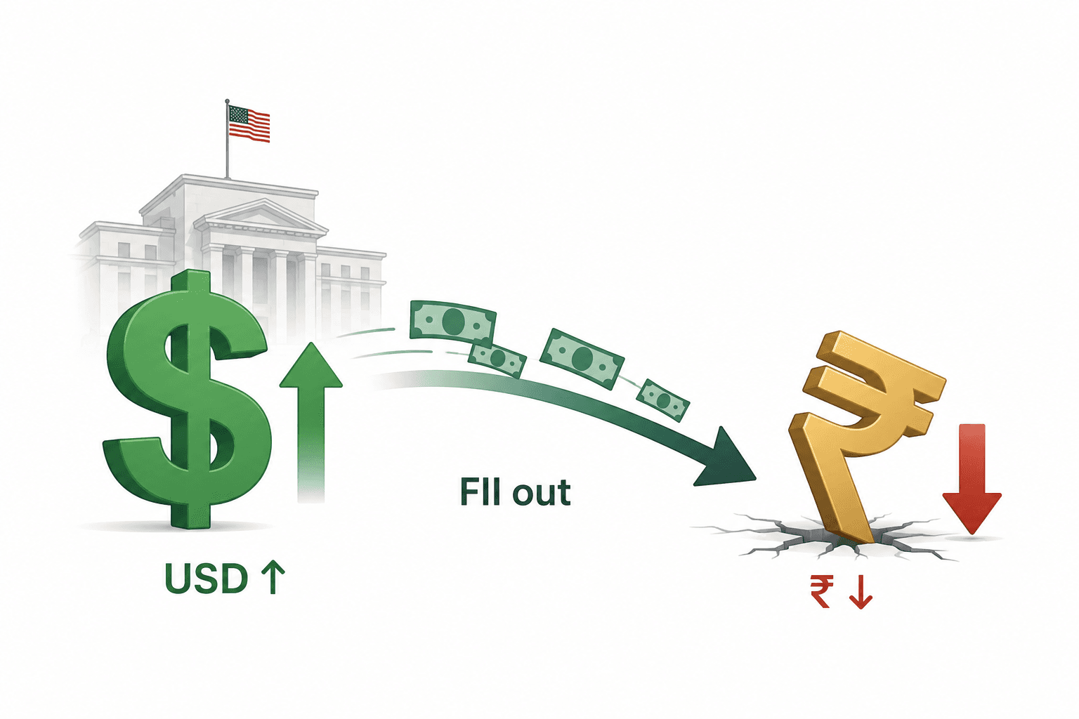 Minimal funnel diagram showing crude oil and gold imports draining dollars from India
