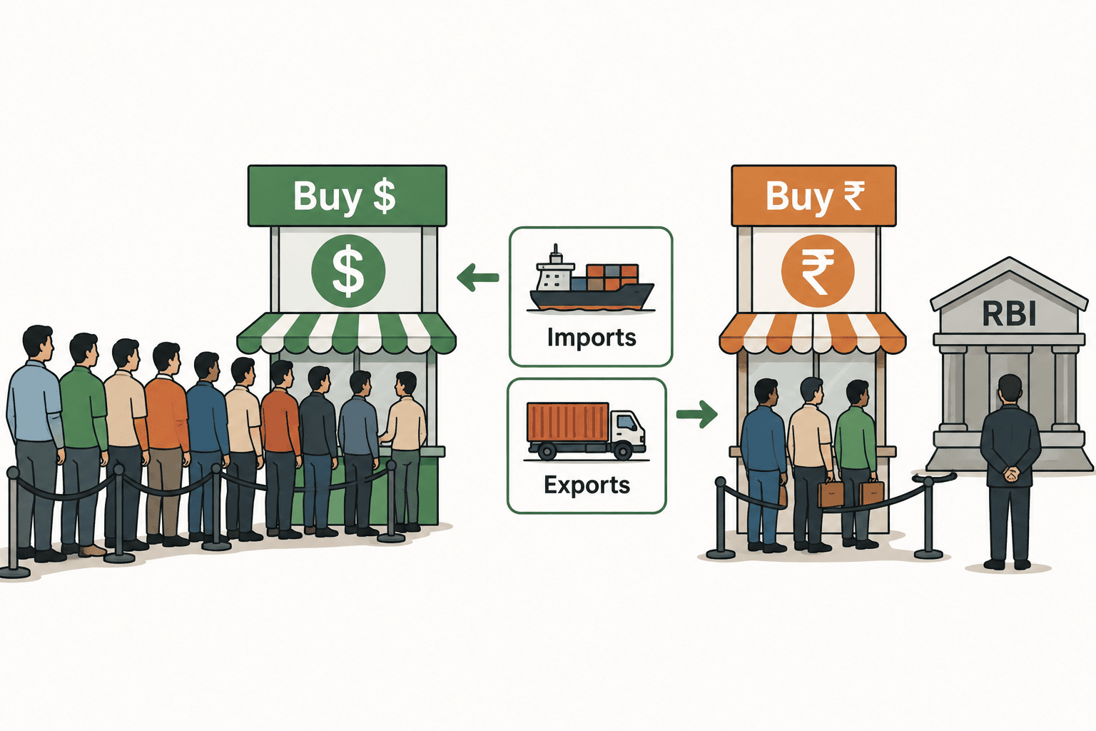 Minimal diagram showing a stronger US dollar pulling capital out and pressuring the rupee