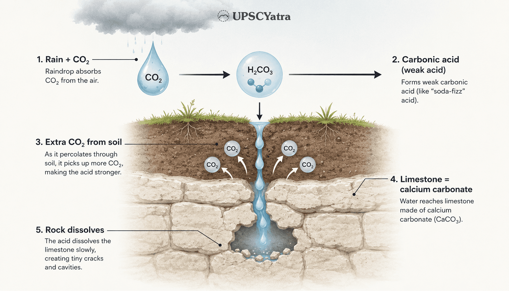 Carbonation diagram showing rainwater absorbing carbon dioxide to form weak carbonic acid that soaks through soil and dissolves limestone