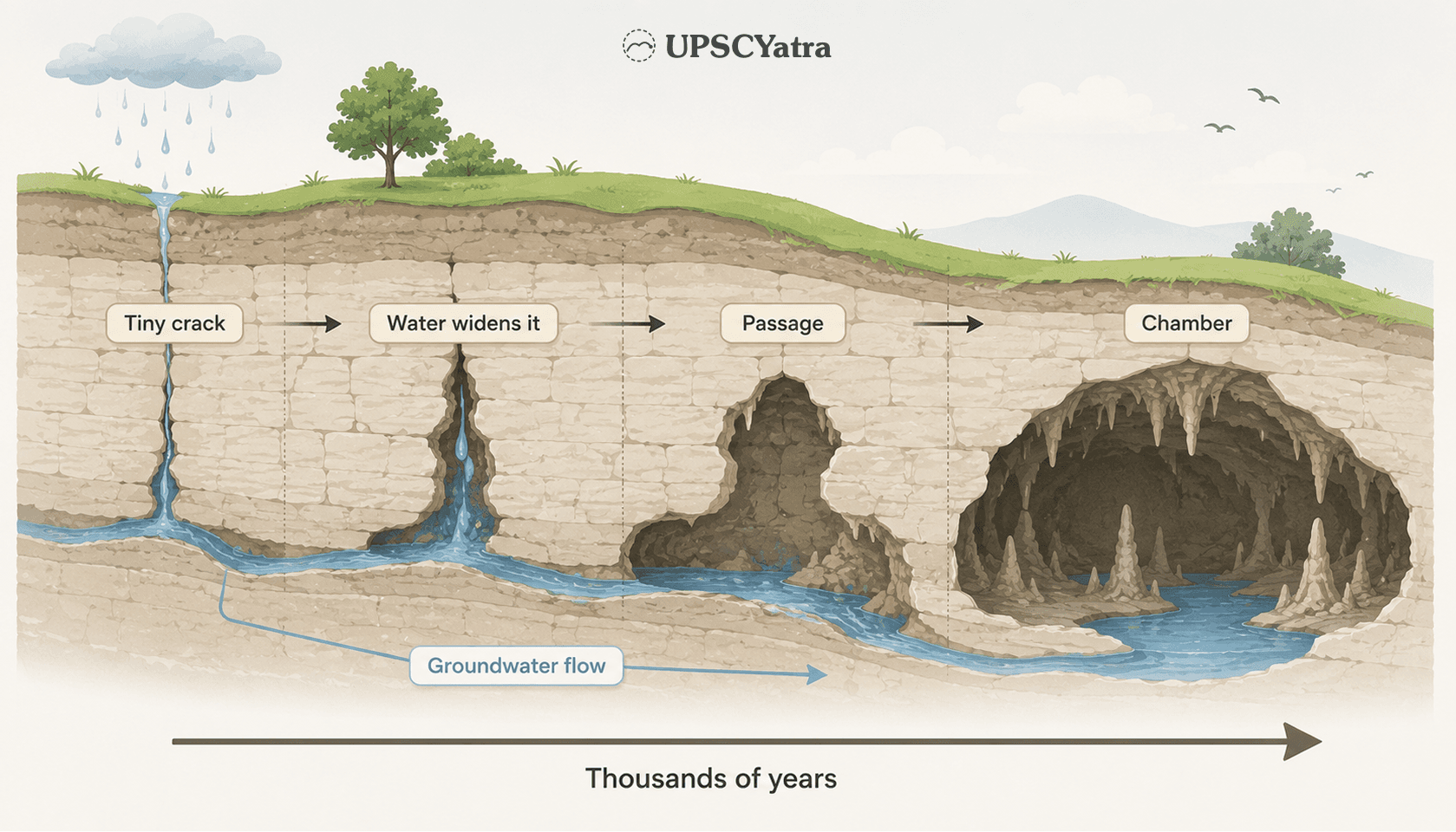 Cave formation diagram showing acidic groundwater widening a crack in limestone into a passage and then a chamber over thousands of years