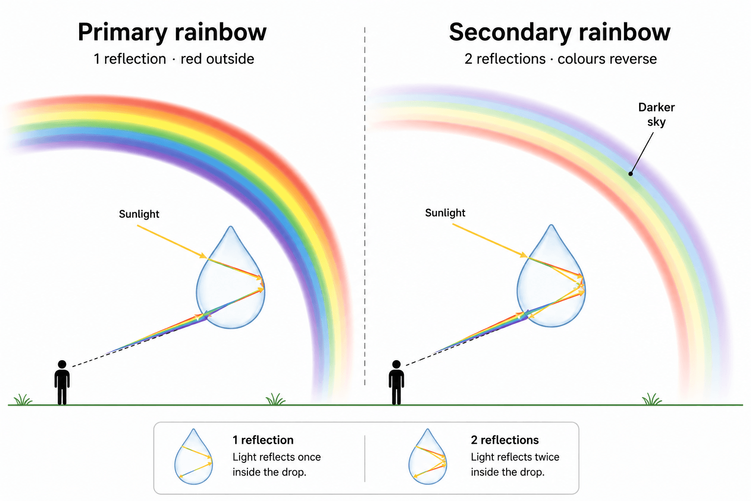 Side-by-side diagram comparing a bright primary rainbow with red outside against a fainter secondary rainbow with reversed colours after two internal reflections for UPSC geography