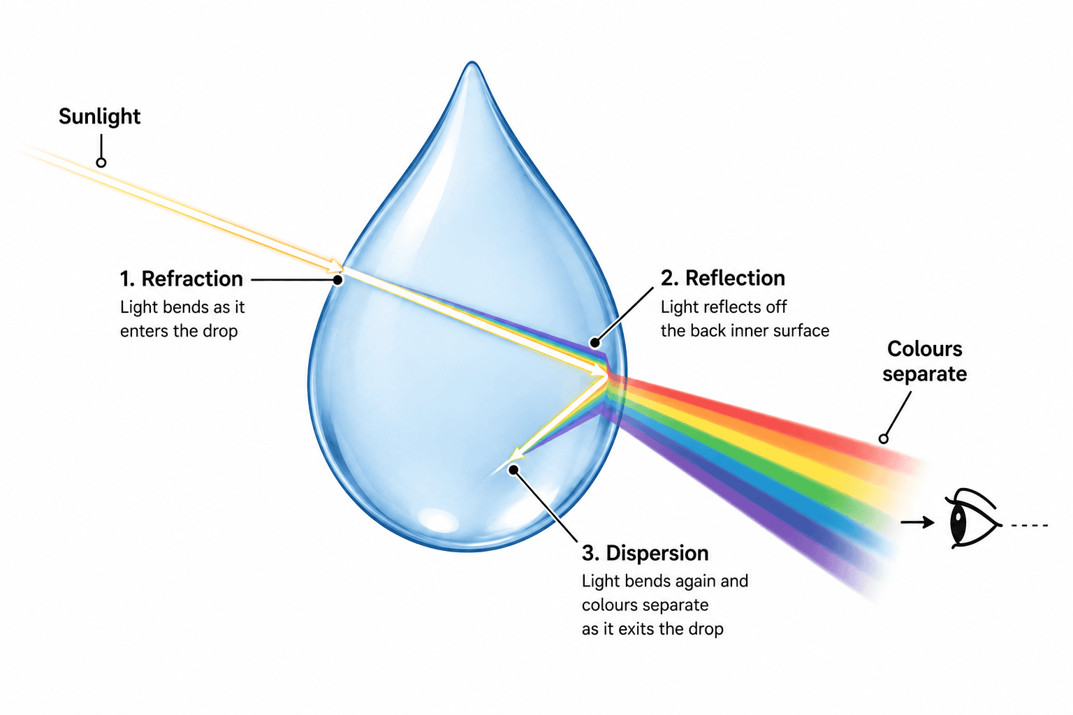 Single raindrop diagram showing sunlight entering, refracting, reflecting off the back wall, and exiting as separated spectrum colours toward the observer for UPSC geography