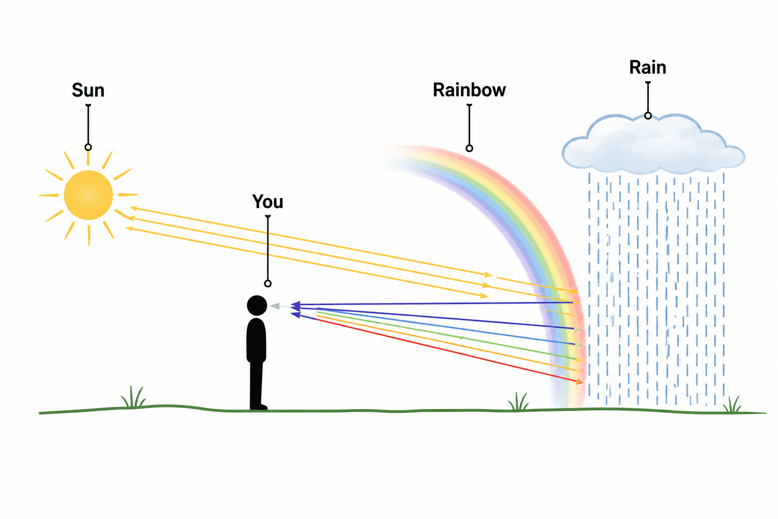 Labeled diagram of rainbow viewing geometry: sun behind the observer, rain curtain ahead, and light rays bouncing from raindrops back to the eye for UPSC geography