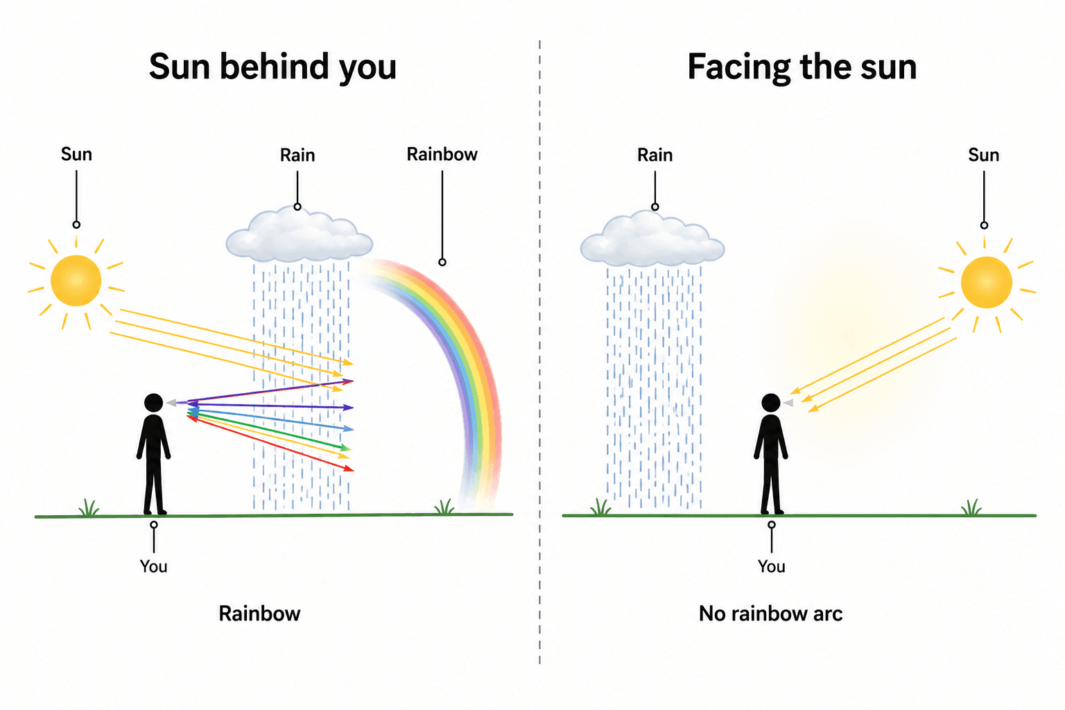 Comparison diagram for UPSC geography: left panel shows observer with sun behind and rainbow ahead; right panel shows observer facing the sun with no rainbow arc