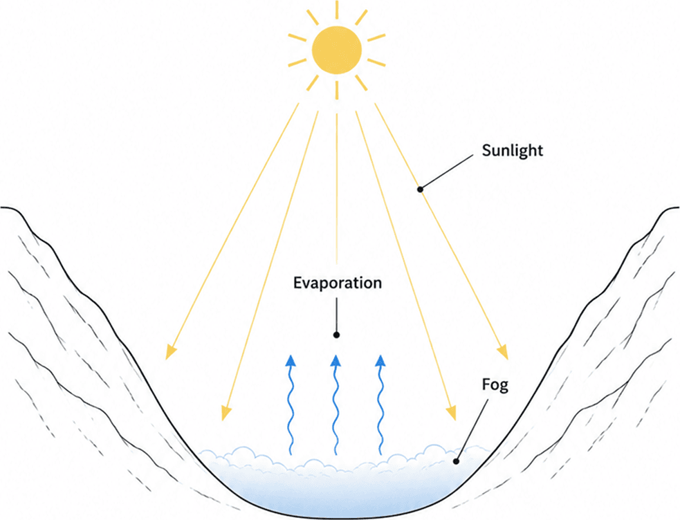 Valley fog clearing diagram showing morning sunlight warming the valley floor and evaporation arrows lifting mist upward