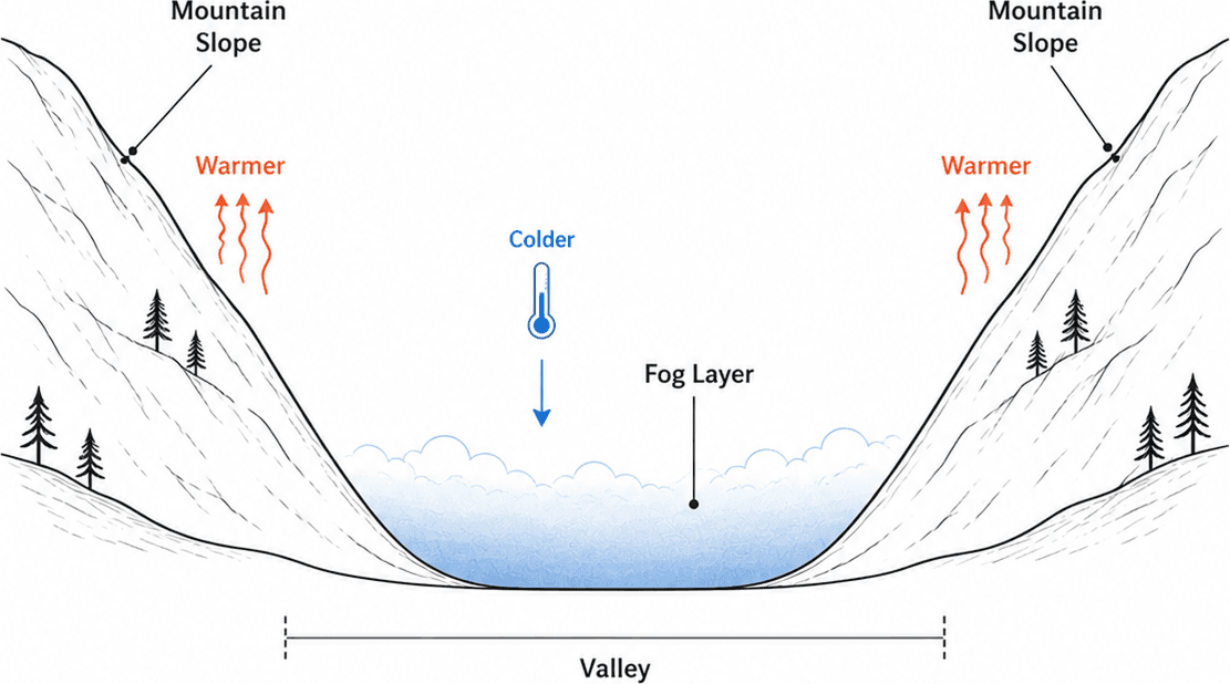 Valley fog temperature inversion diagram showing warm air lid above cold pooled air and a fog layer trapped at the valley bottom