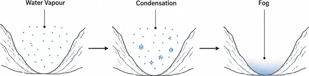 Three-step valley fog condensation diagram showing water vapour cooling into droplets and fog filling the valley floor