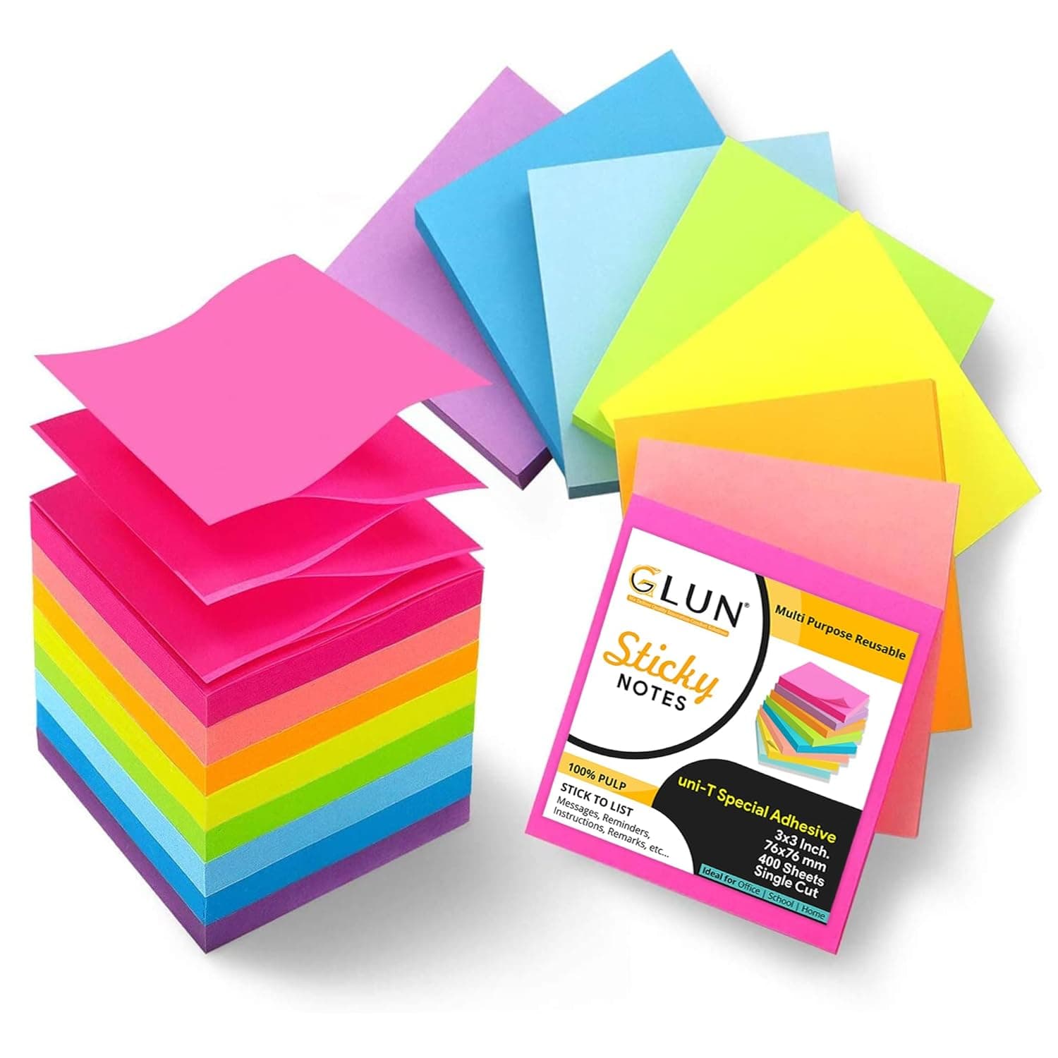 GLUN® 3x3 Inch Super Sticky Notes Pack 400 Sheets Multicolor Neon Self-Adhesive Memo Pads, Strong 2X Adhesion for Office, School & Home Use