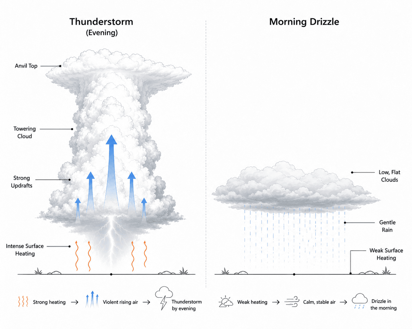 Side-by-side diagram comparing evening thunderstorm convection with a tall cumulonimbus cloud against calm morning drizzle from flat stratus clouds